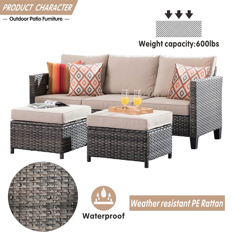 OVIOS 3-piece Outdoor Wicker Conversation Ottoman Set