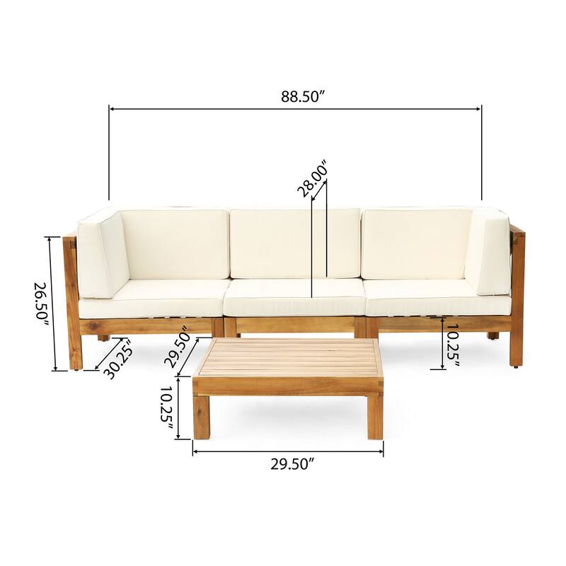 Brava Outdoor 3-Seater Acacia Wood Sectional Sofa Set with Coffee Table and Cushions by Christopher Knight Home