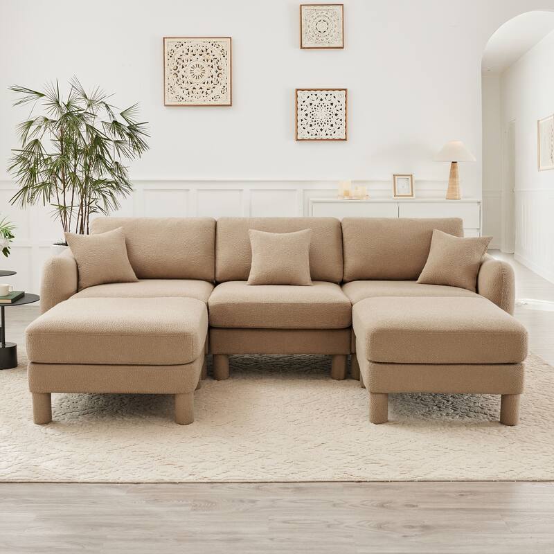 109.4" 3-Seater Modern Upholstered Sofa Couch, Deep-Seat Sectional Sofa with Shell-Shaped Armrests, Leisure Sofa for Living Room - Coffee- 3-Seater-2 Ottoman