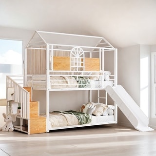 Twin Over Twin House Shaped Metal Bunk Bed with Storage Stair and Slide ...