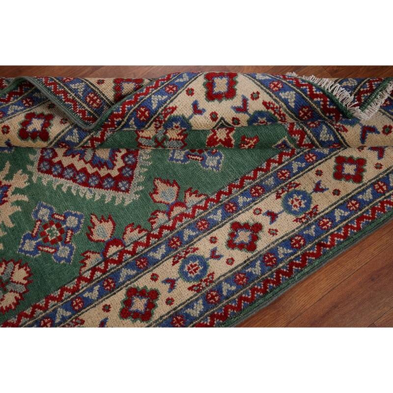 Green Geometric Kazak Oriental Accent Rug Handmade Wool Carpet - 3'4" x 4'10"
