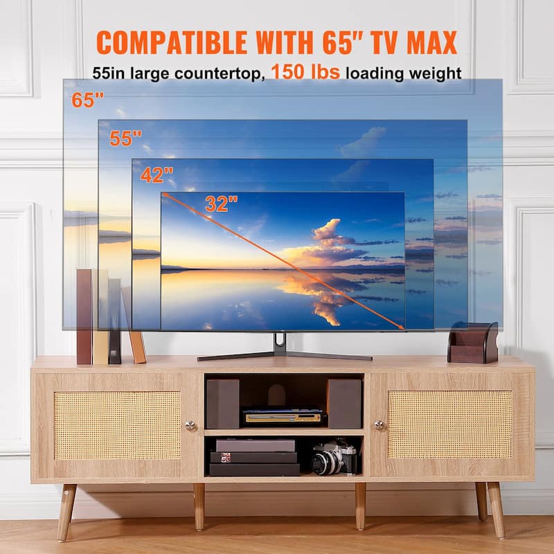 Modern Rattan TV Console for 65 Inch TV with Built-in Power Outlet - 55.1 x 15.8 x 19.7in