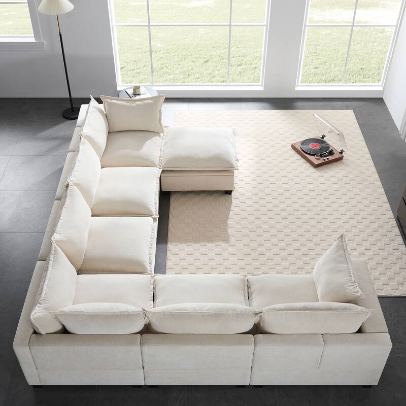 U Shaped Modular Sectional Sofa with Movable Storage Ottoman, Comfy Chenille Deep Seat Cloud Couch, Oversized 7 Seat Corner Sofa
