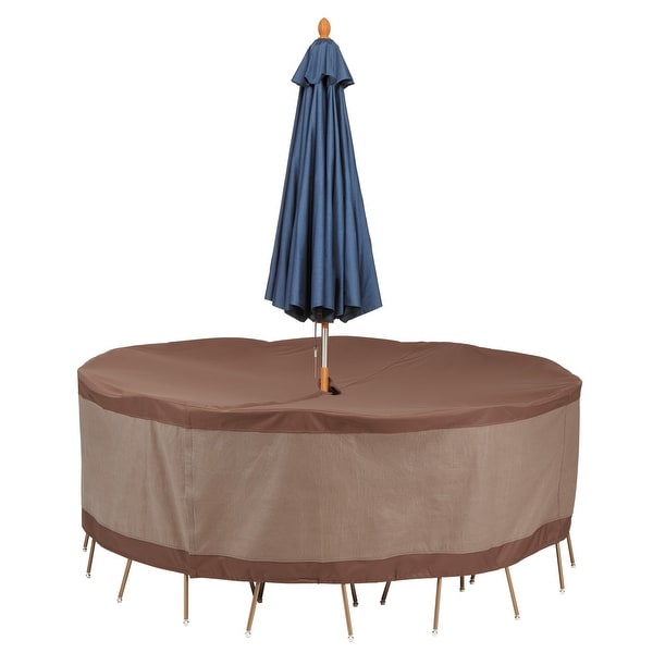 Duck Covers Ultimate Waterproof 94 Inch Round Patio Table and Chair Set Cover with Umbrella Hole. Opens flyout.