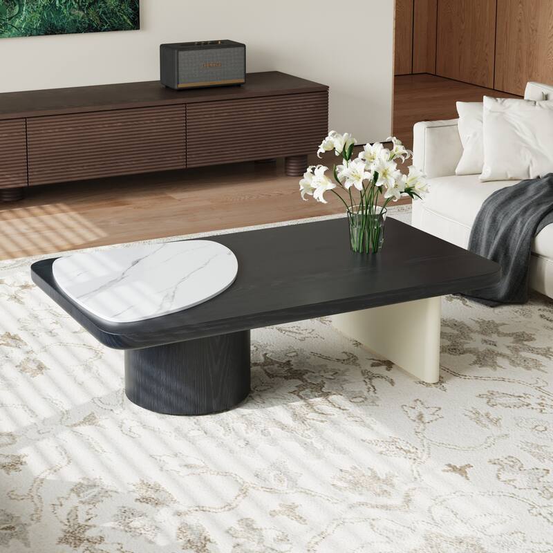 51" Modern Wood Coffee Table,Retangular Black Living Room Table - White - Wood