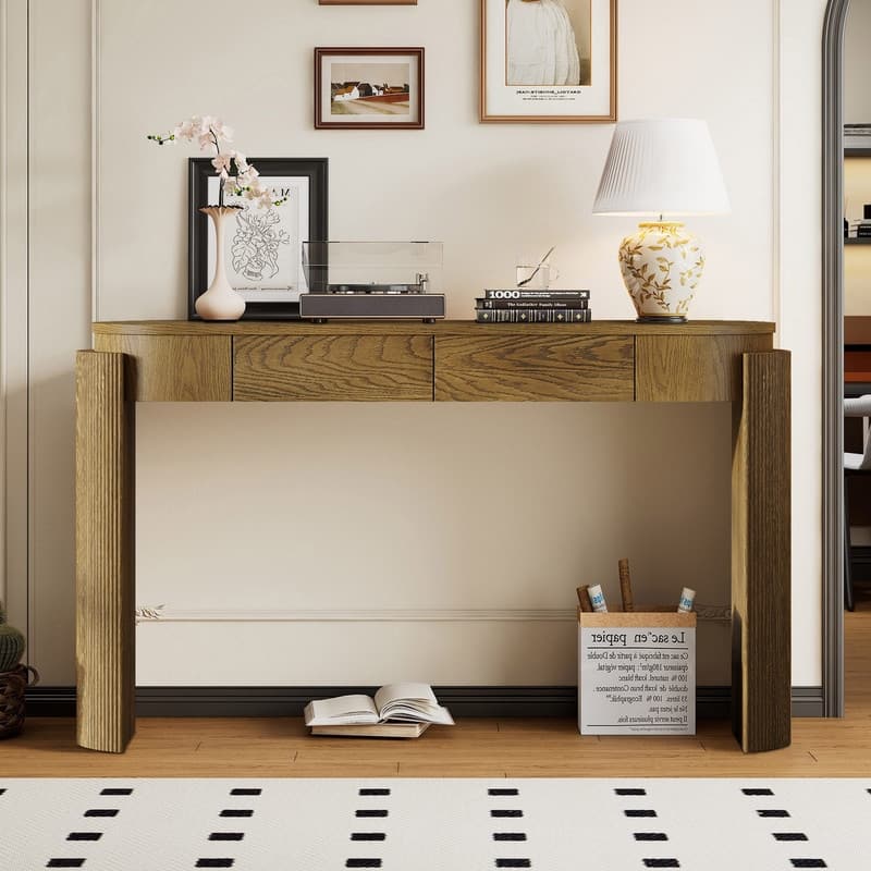 55.1" Wood Entryway Table with Fluted Design Legs and Two Storage Drawers
