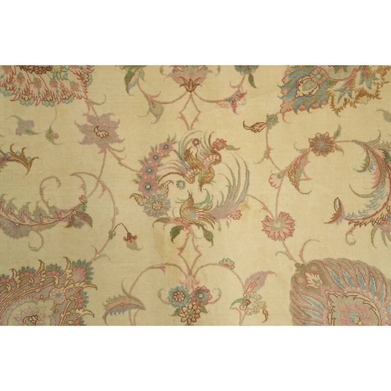 Hand Knotted Oriental Wool & Silk Carpet Traditional All-Over Beige & Ivories Tabriz Area Rug - 9' 9'' X 6' 8''