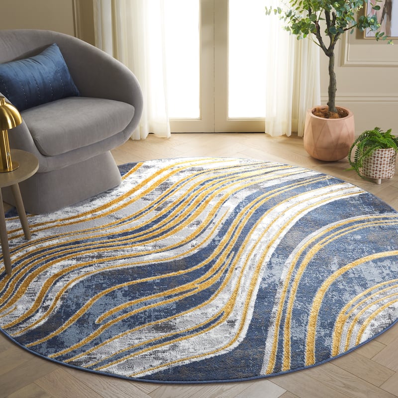 SAFAVIEH Amelia Inbal Modern & Contemporary Rug - 6'7" Round - Blue/Gold