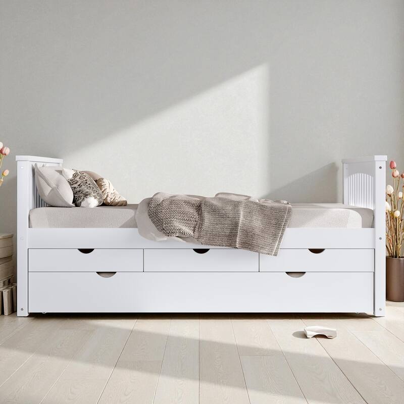 Twin Solid Wood Platform Bed with Drawers and Trundle, Space-Saving Daybed Frame with Storage, No Box Spring Needed