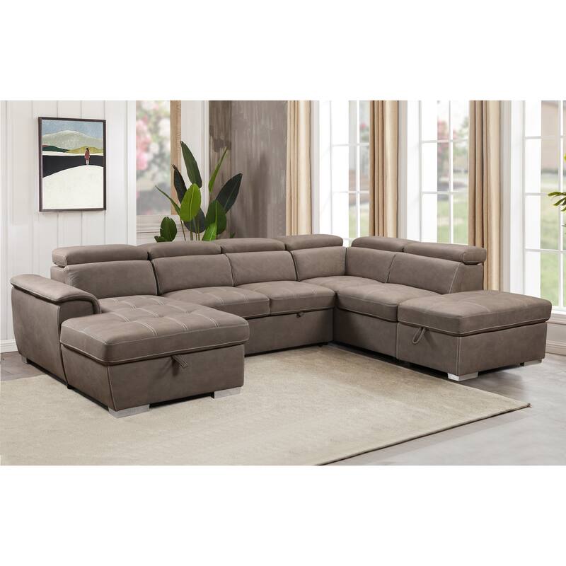 Roomfitters 128" U-Shaped Sectional Couch with Ottomans, Reversible Modular Sofa Set with Storage - Brown