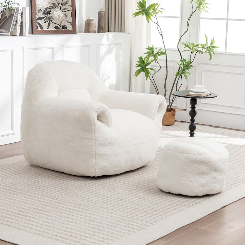 Comfy Bean Bag Sofa With Back Support, With Footstool,Faux Fur Bean Bag Chair For Adults And Kids