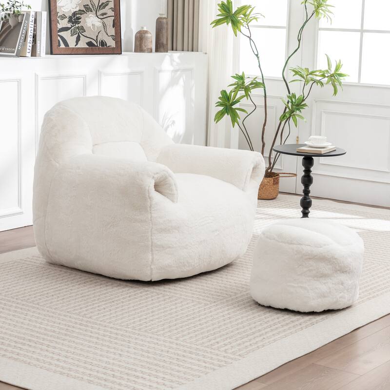 Faux Fur Bean Bag Chair with Back Support & Footstool - Comfy Floor Sofa for Adults & Kids, Living Room, Bedroom (2 Options)