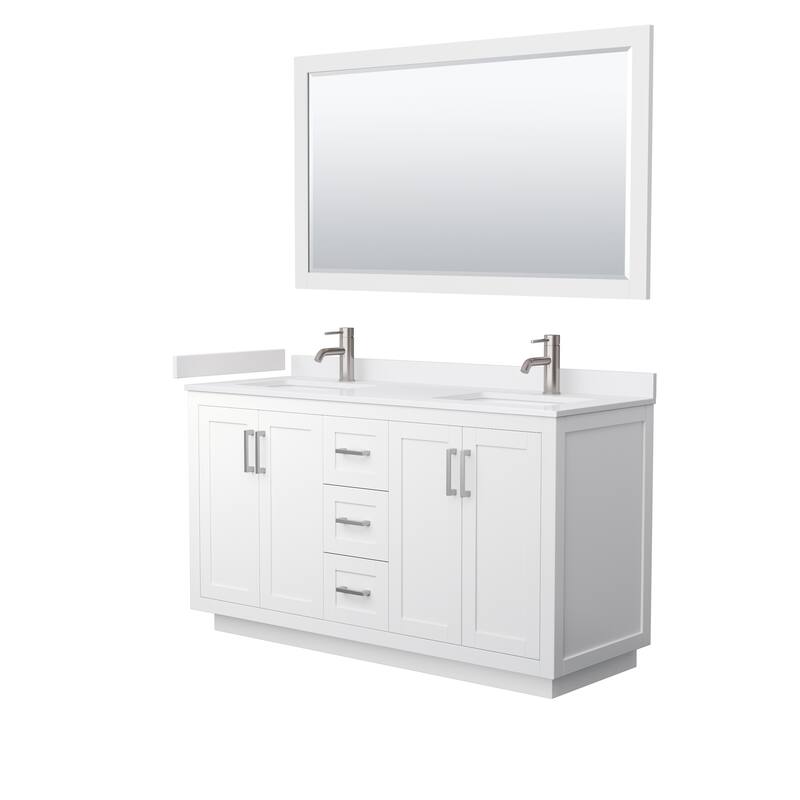 Miranda Bathroom Vanity Set, Cultured Marble Top, 58-Inch Mirror - 60-Inch Double - White, Nickel Trim, White Cultured Marble Top