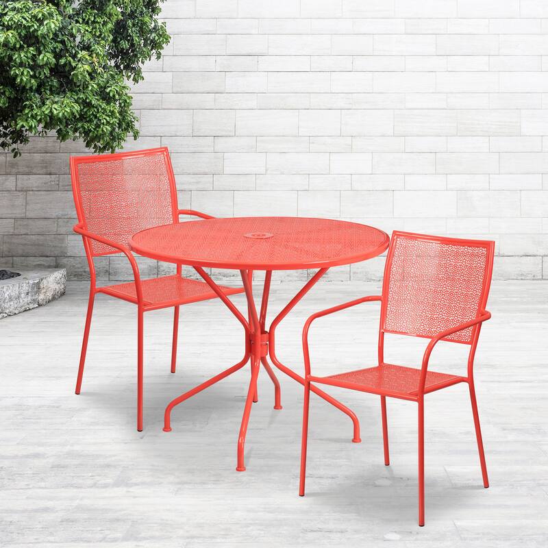 35-inch Round Steel 3-piece Patio Table Set with Square Back Chairs - Coral