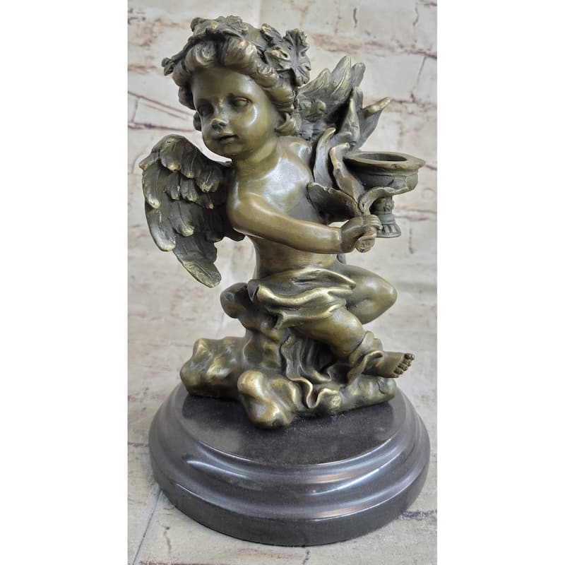 Signed Bronze Statue Sculpture Desk Angel Candleholder Figurine Art Deco Figure