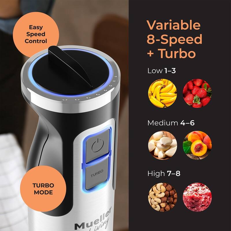 Mueller Immersion Blender Handheld - 8 Speed Stainless Steel Electric Hand Blender, 3 in 1 Emulsion Blender with Turbo Mode