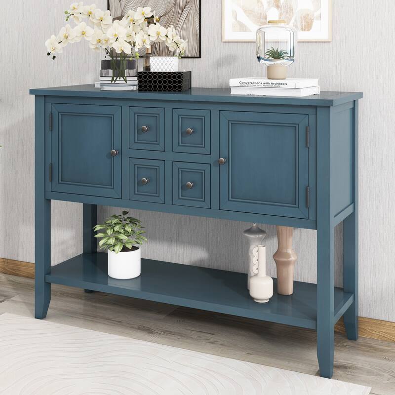 Storage Vintage Console Table with Four Small Drawers and Bottom Shelf for Living Rooms, Entrances and Kitchens - Light Navy