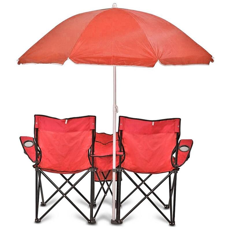 GoTeam Portable Double Folding Chair w/Removable Umbrella, Cooler Bag and Carry Case
