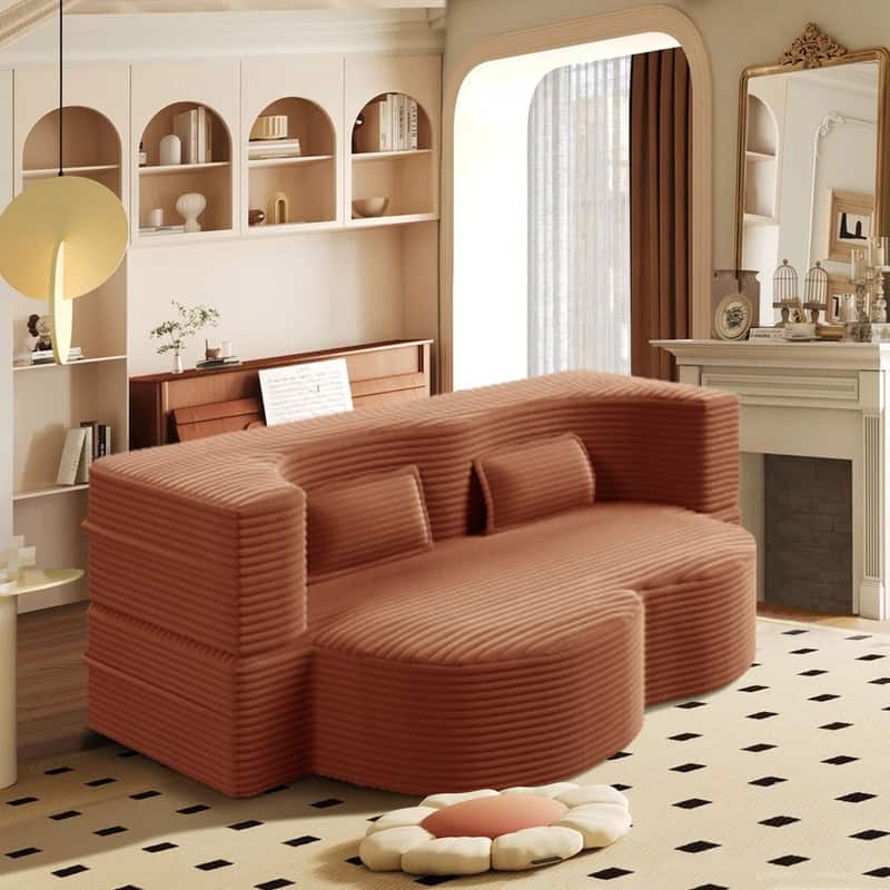 Modern 78" Full Size Convertible Corduroy Foam-Filled Sleeper Sofa,Modern Floor Sofa with 2 Pillows