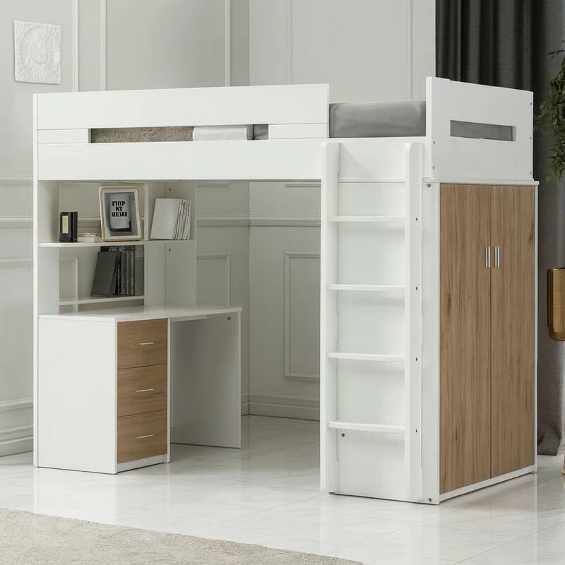 Wooden Twin Size Loft Bunk Bed with Workstation, White and Brown