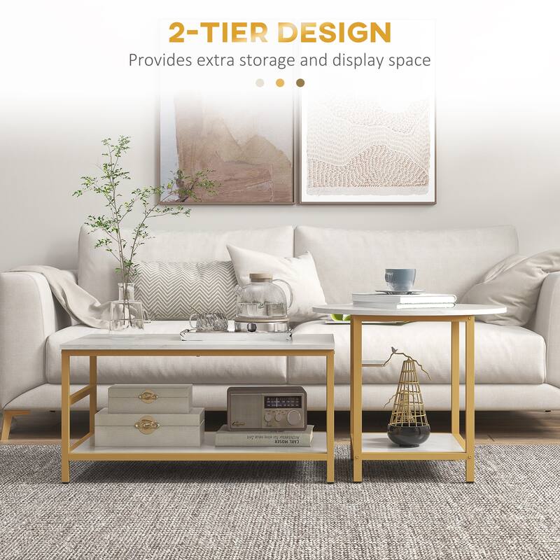 Coffee Tables Set of 2, 2-Rier Rectangle and Round Coffee Table with Storage Shelves, Faux Marble Top and Steel Frame,