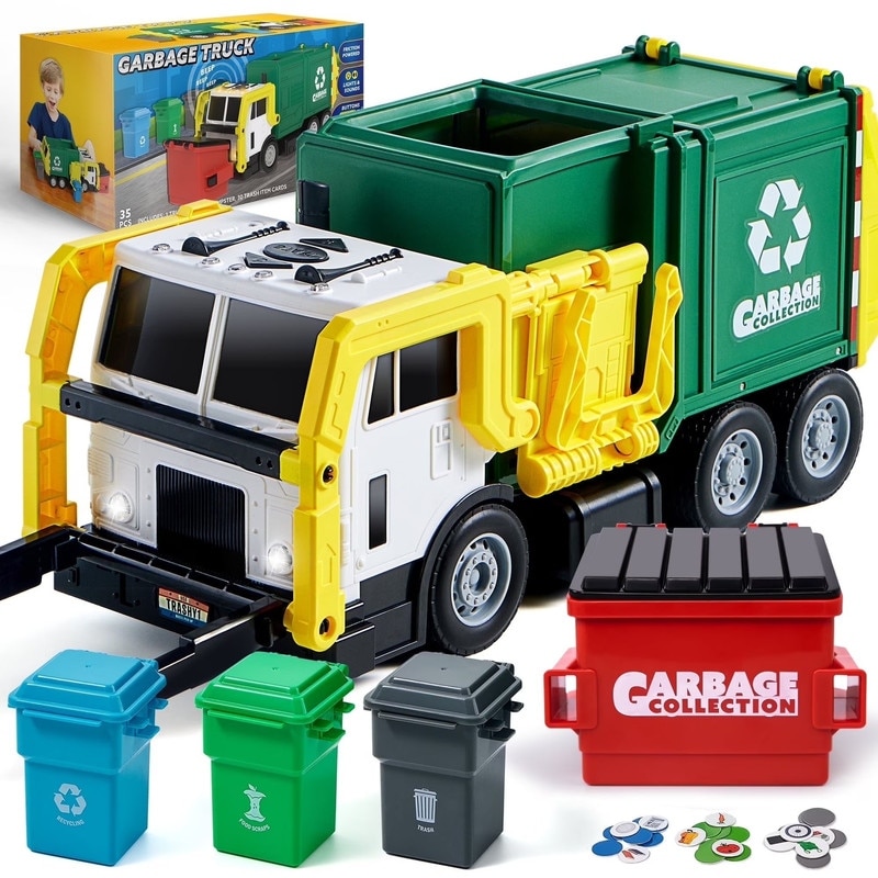 16" Lights and Sounds Large Garbage Truck Toys for Boys, Trash Truck Toy with Trash Can Lifter and Dumping Function - Multicolor