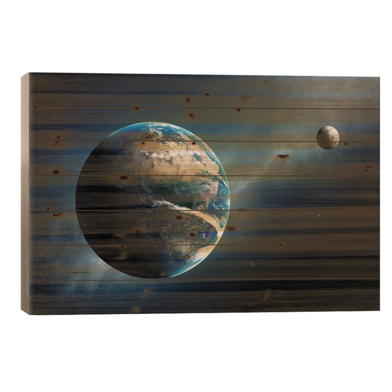 Earth And Moon Space View Print On Wood by Johan Swanepoel - Multi-Color - 18x26x1.5