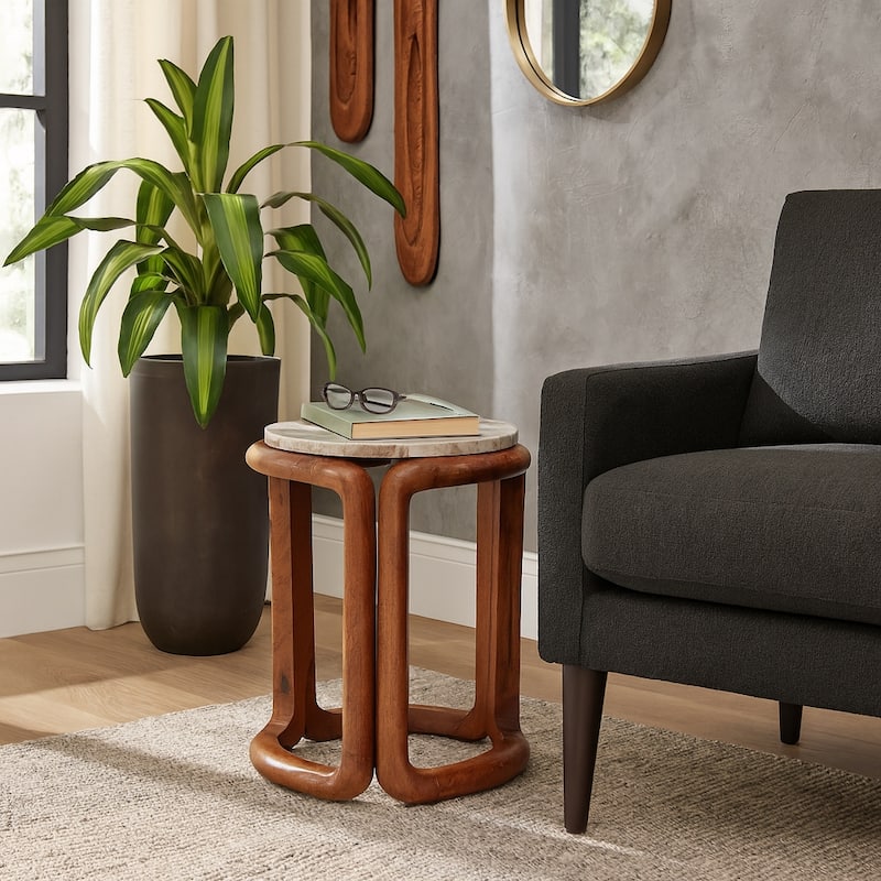 Marble Round Top Inlay Wood End Table - Ivory, 18 in. - 14" x 14" x 18"