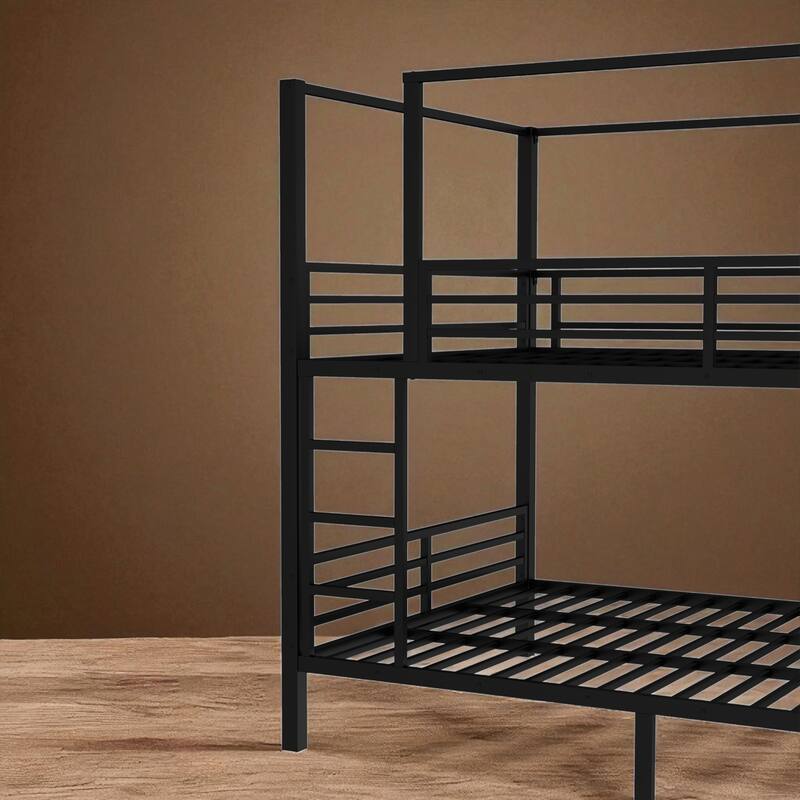 Quadruple Metal Bunk Bed Twin/Full/Queen with Storage Shelves and Wardrobe, Heavy-Duty Frame with Guardrails