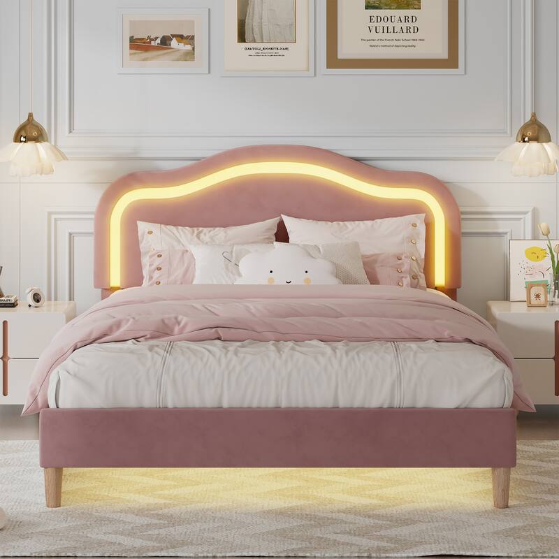 Modern Queen Size Smart LED Bed Frame with Adjustable Height Headboard, Metal Frame and Wooden Support, No Box Spring Needed - Pink - Queen