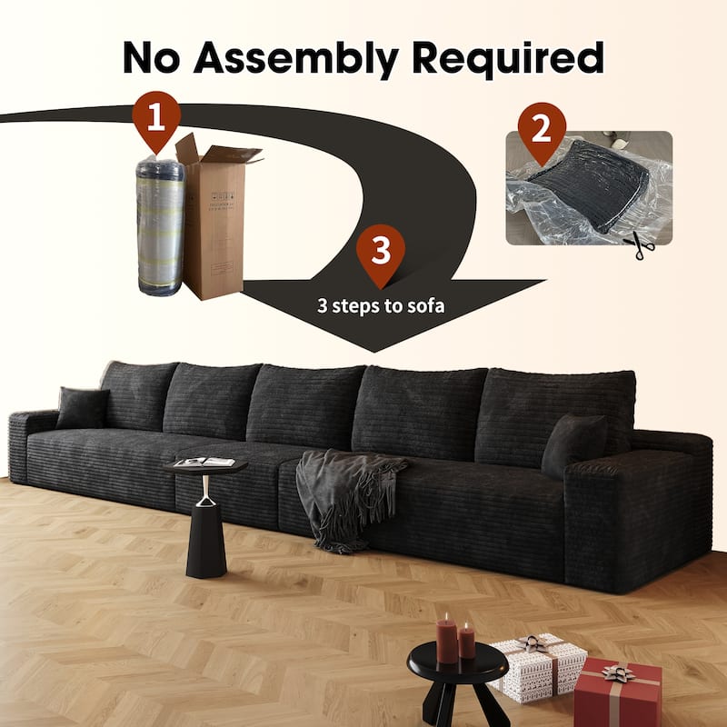 168"Foam 6-Seater Sofa - Plush Corduroy Cloud Couch with Recliner and High-Resilience Foam