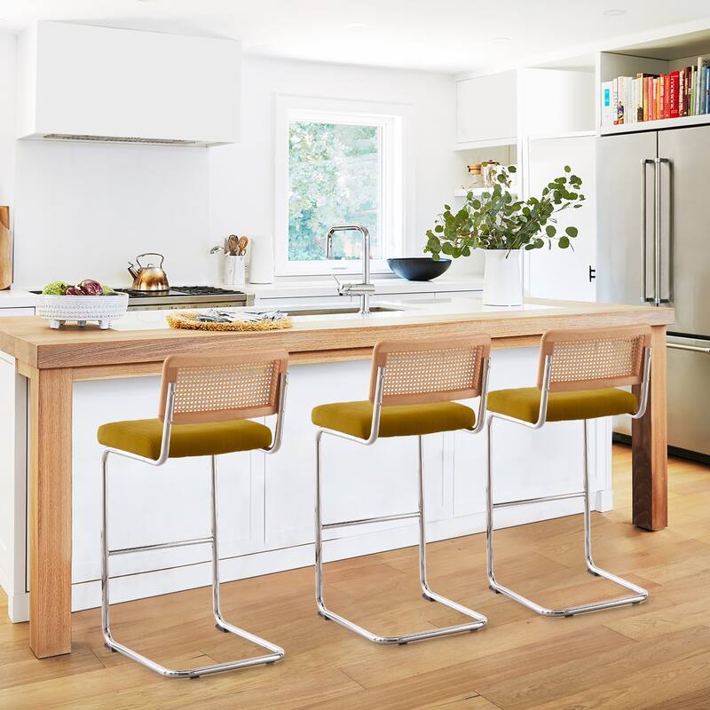 Velvet Upholstered Rattan Counter/Bar Stools, Set of 2/3