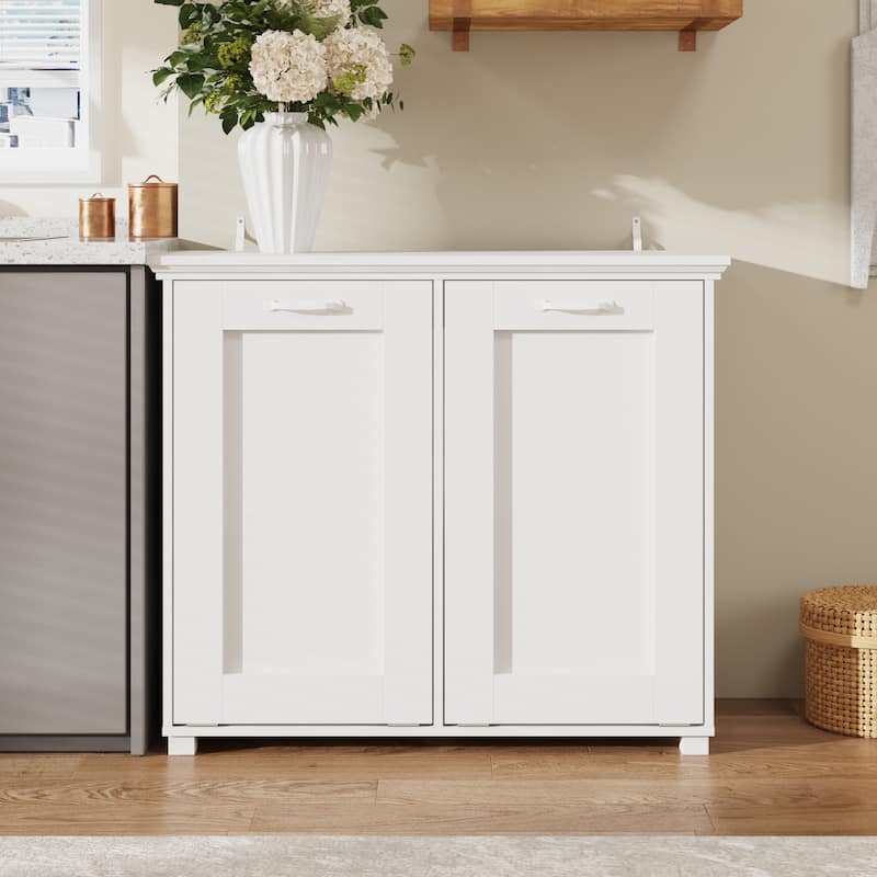 Ozone Deodorizing Trash Bin Cabinet Trash Cabinet, Wooden Kitchen Garbage Bin Storage Cabinet with Hidden Bins, White