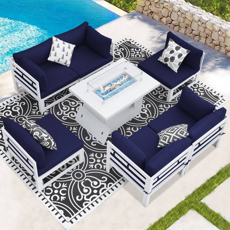 FINCATI Modern 7 Piece White Aluminum Outdoor Furniture Set with Propane/Natural Gas Firepit Table