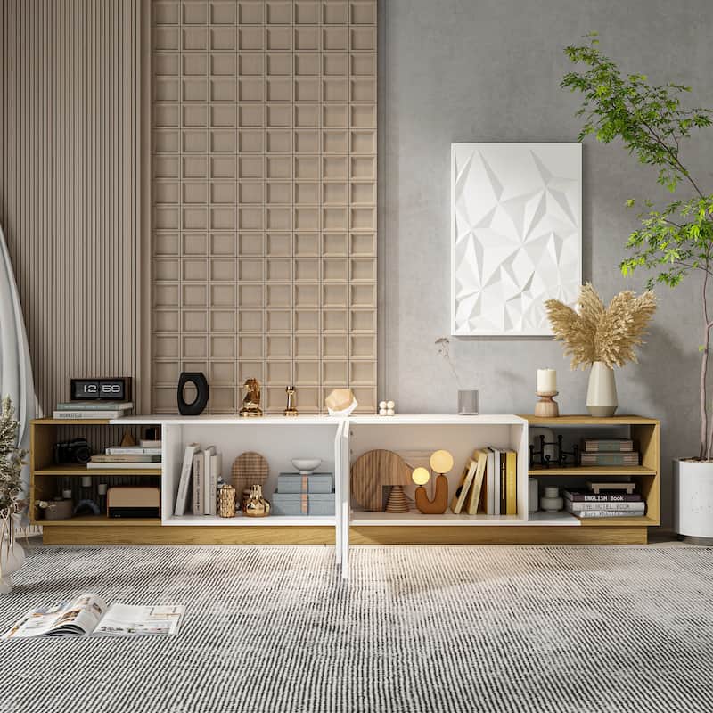 Modern White and Wood TV Stand 94"W Sleek Entertainment Center Console