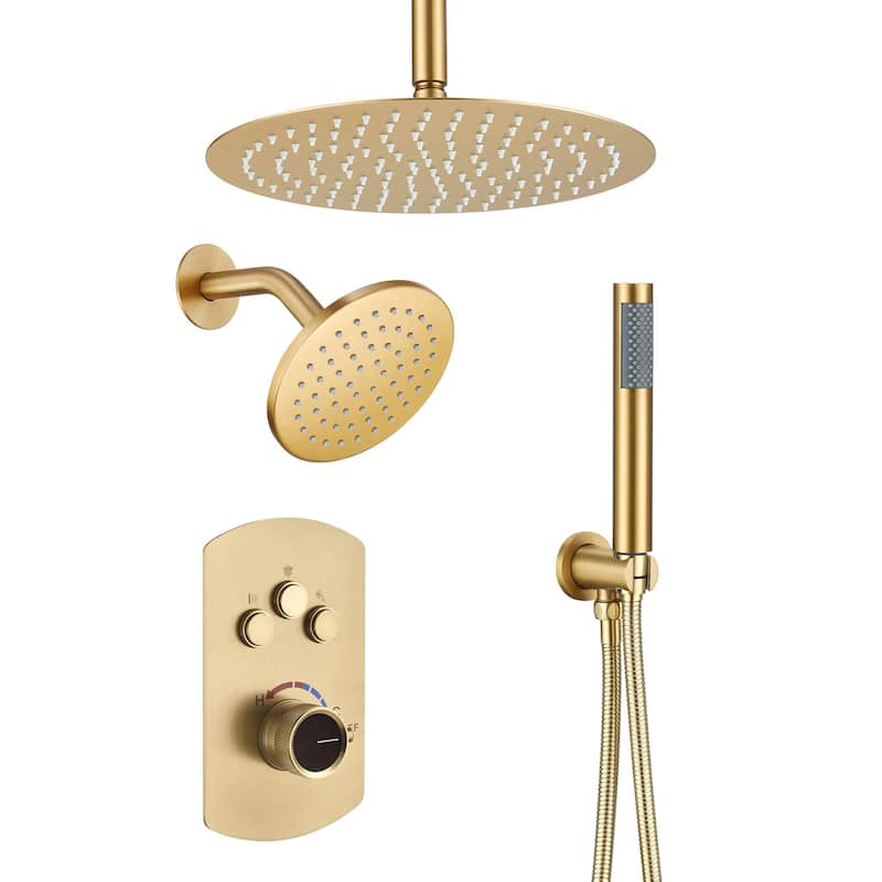Pressure Balanced 3-Spray Patterns 2.5 GPM 12 in. Dual Shower Head Ceiling Mount Fixed and Handheld Shower Head - 12" x 12" - Brushed Gold
