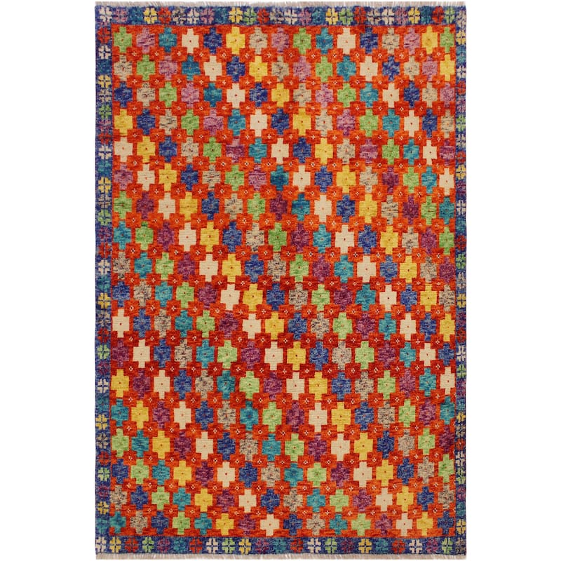 Shabby Chic Balochi Medina Orange/Blue Hand Knotted Wool Rug - 4'10'' x 6'7''