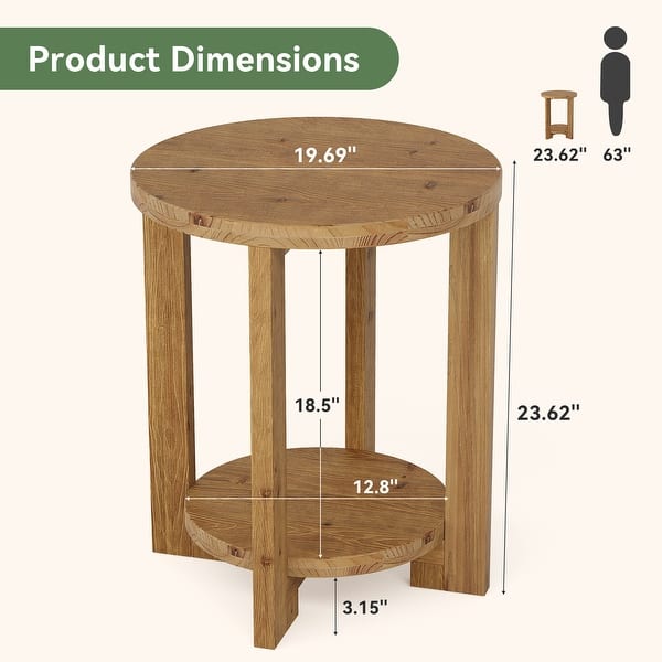 2-Tier Solid Wood End Table, Accent Round Side Table with Storage Shelf ...