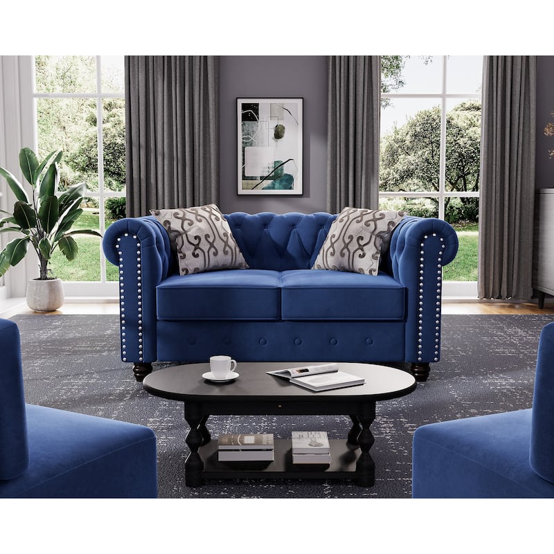 Classic Tufted Velvet Upholstered Chesterfield Club Chair Loveseat Sofa 3 Pieces with Nailhead for Living Room by Morden Fort