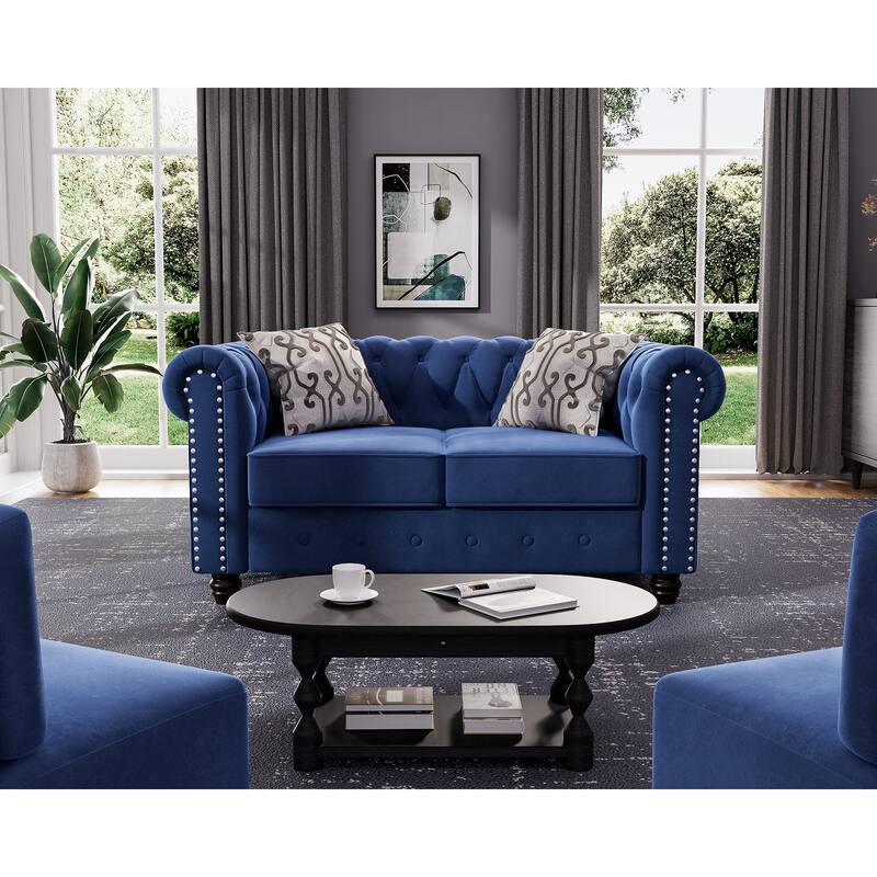 Morden Fort Classic Tufted Velvet Upholstered Chesterfield Club Chair Loveseat 2 Pieces with Nailhead for Living Room