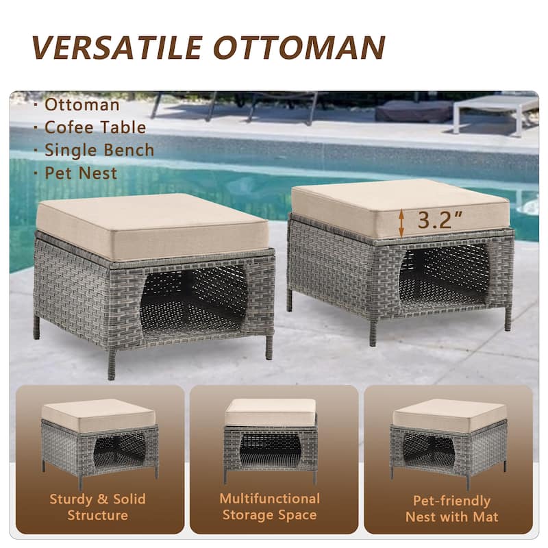 2 Pieces Outdoor Patio Furniture Rattan Storage Ottoman with Cushion