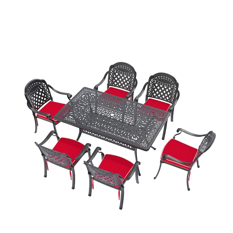 5/7-Piece Cast Aluminum Outdoor Dining Set with 58.27'' L X 34.65'' W Rectangular Table and Seat Cushions