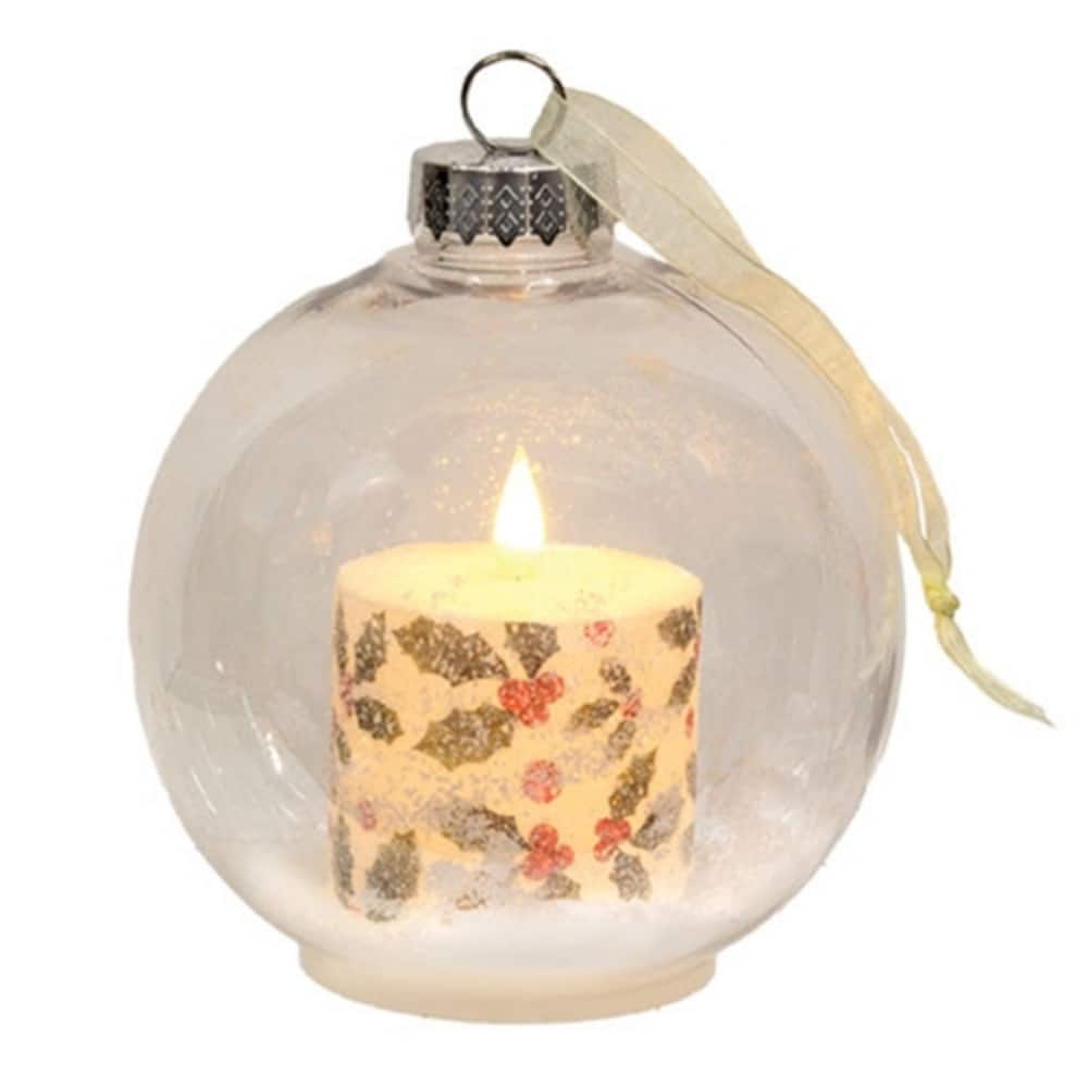 Frosted Glass Ball Ornament LED Candle with Holly and Berries Timer Option Hanging or Freestanding Christmas Decor 7x6