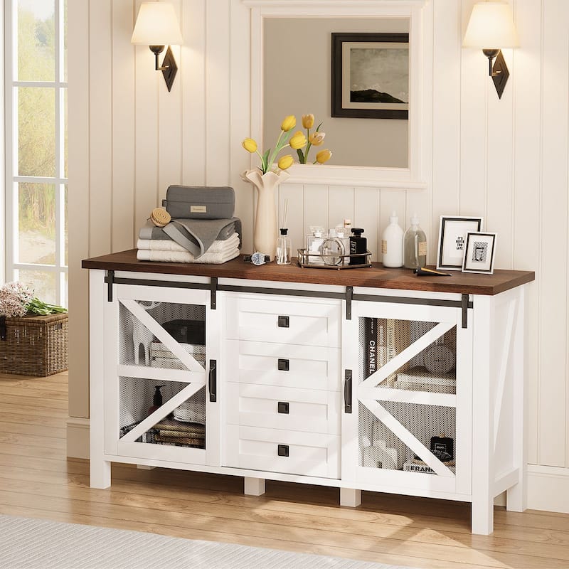 Meyreso Farmhouse Sideboard Buffet Cabinet Wood Coffee Bar Table with Storage for Kitchen - White - 4-drawer