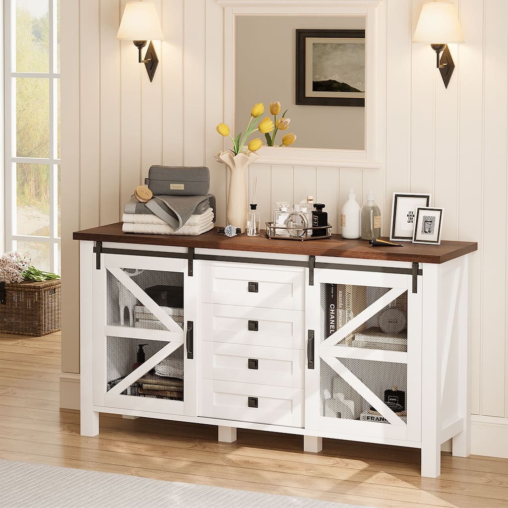 Meyreso Farmhouse Sideboard Buffet Cabinet Wood Coffee Bar Table with Storage for Kitchen