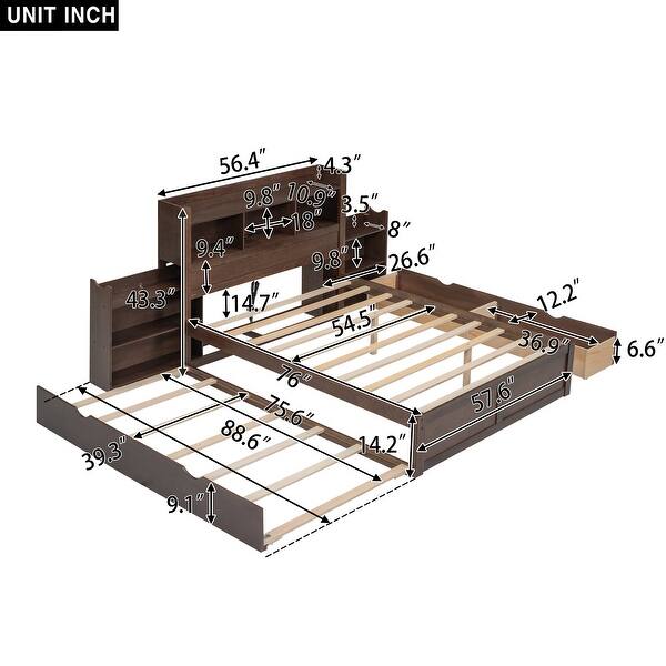 Full Size Storage Platform Bed with Trundle and Pull-Out Shelves, Espresso
