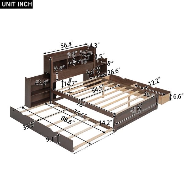 dimension image slide 0 of 2, Full Size Storage Platform Bed with Twin Size Trundle, Pull-Out Shelves, 2 Drawers, and USB Headboard, White