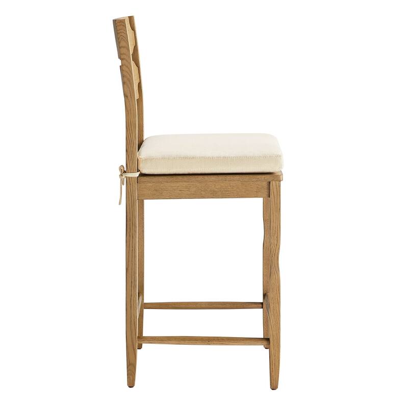 Jax Oak Wood Counter Stool With Wavy Razor Back and Cushion
