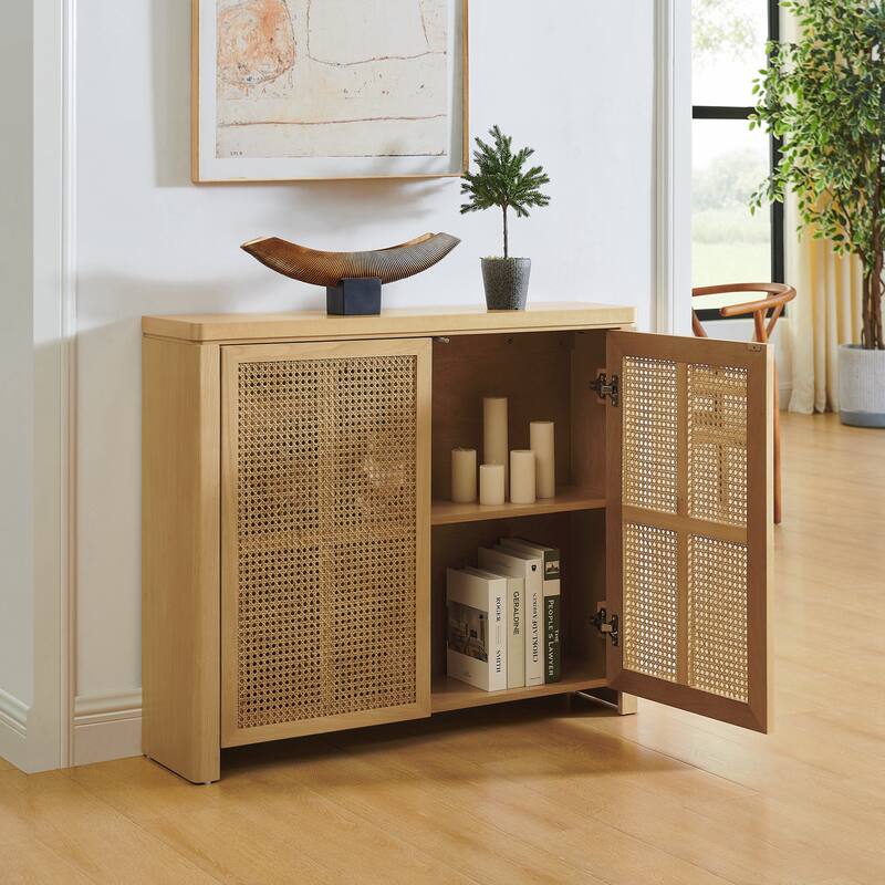 Mid Century Modern Rattan Sideboard Buffet Cabinet with 2 Outlet Holes