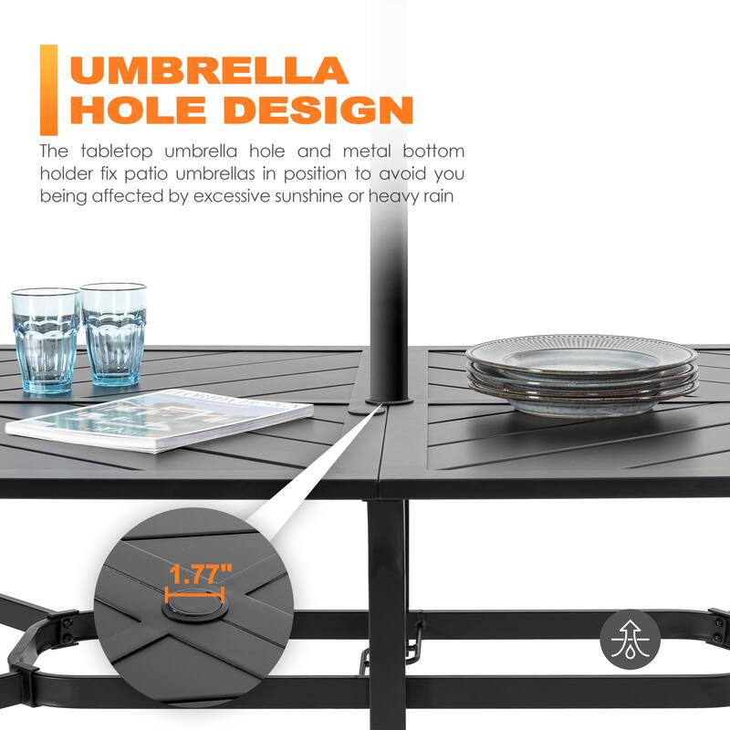 Outdoor Rectangle Iron Dining Table, Splice Tabletop with Umbrella Hole